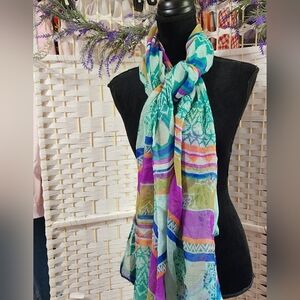 🧨 Vintage Large Foulard Green Purple Scarf Wrap